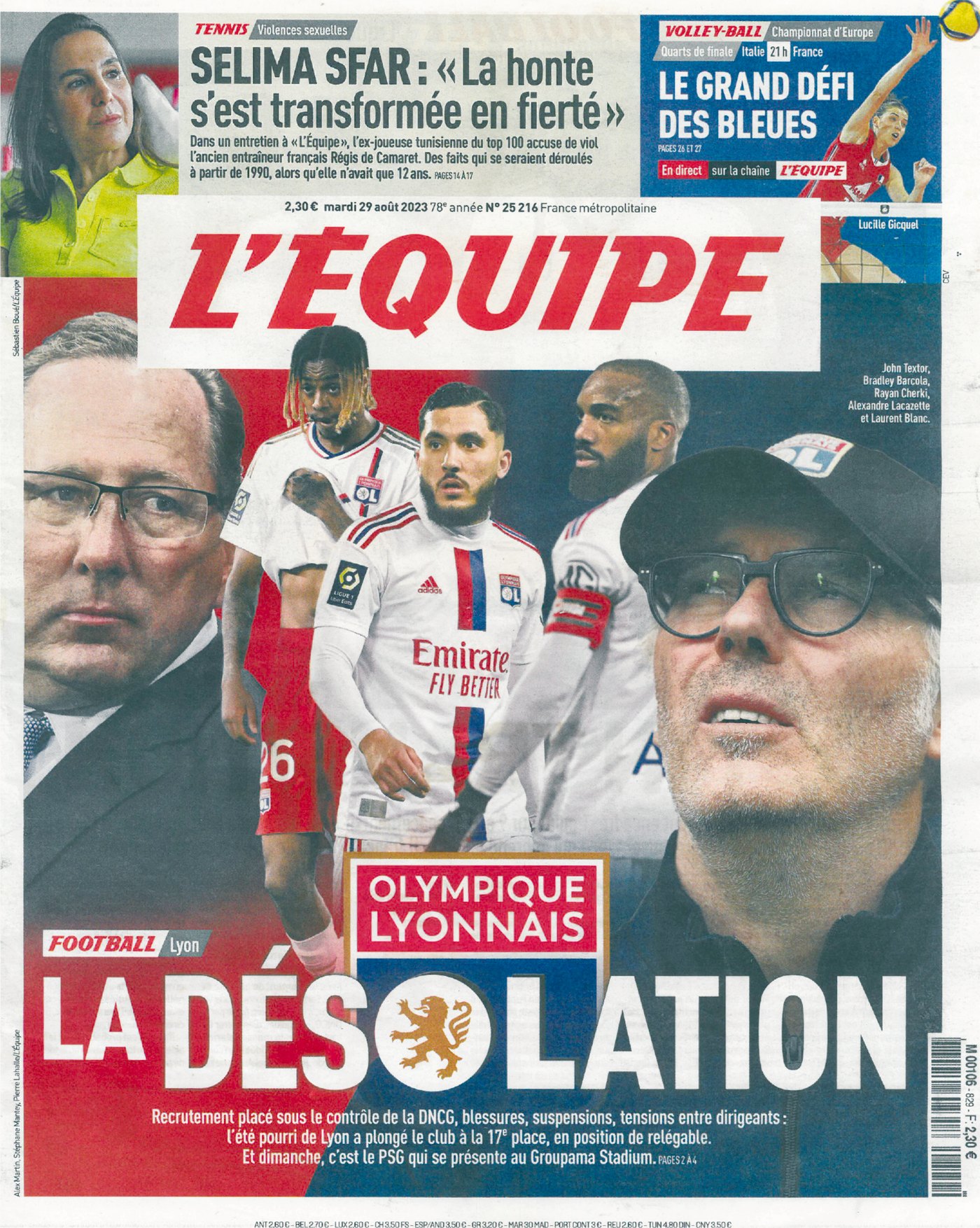 L’&Eacute;quipe front page, 29 August 2023, carrying the Selima Sfar interview.